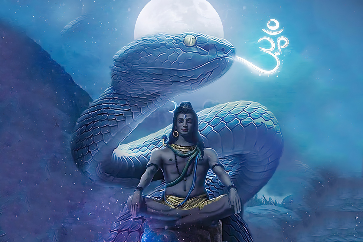 A blue-scaled snake Vasuki Indicus is coiled around the neck of the Hindu god Shiva, who is sitting in a meditative pose.